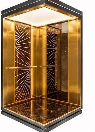 Altın detaylı modern asansör kabini